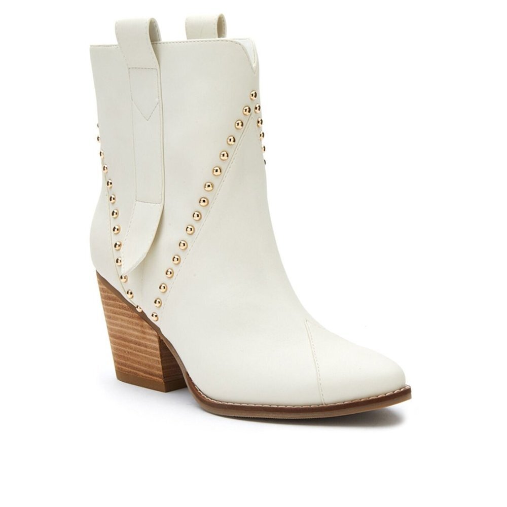 Matisse White Western Studded Block Heel Ankle Boots